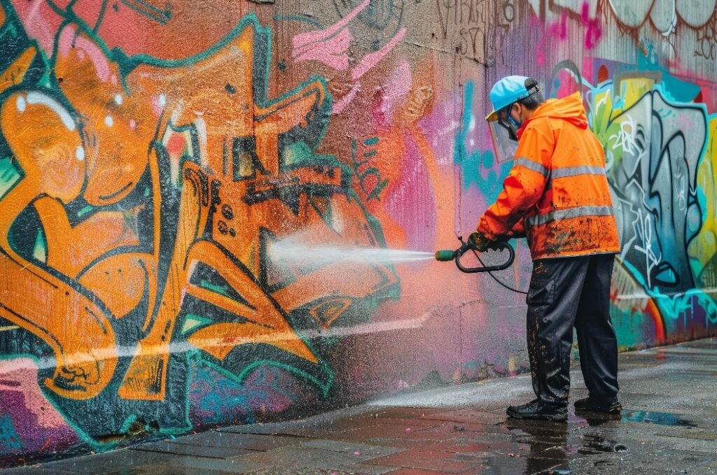 Graffiti-Entferner bei der Reinigung einer Stadtmauer